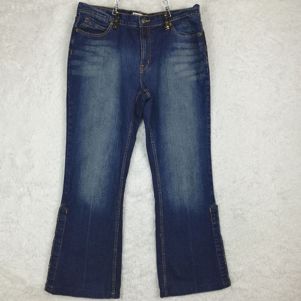 Bisou Bisou Womens Jeans Flare Denim Blue Rhinestone Bling Medium Wash Mid‎ 16